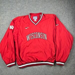 Vintage Reebok Windbreaker Pullover Mens 2XL Red Wisconsin Badgers NCAA V-Neck